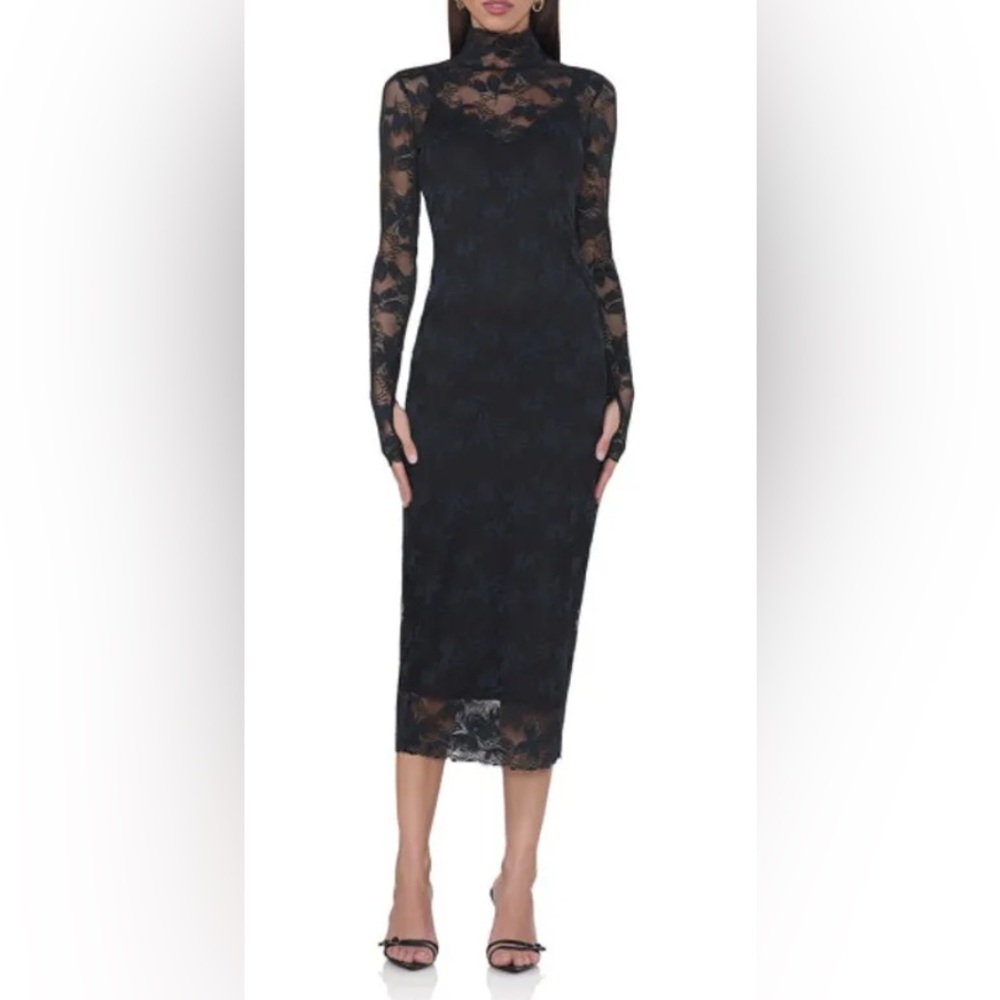 NEW AFRM Shailene Long Sleeve Turtleneck Lace Dress in Noir